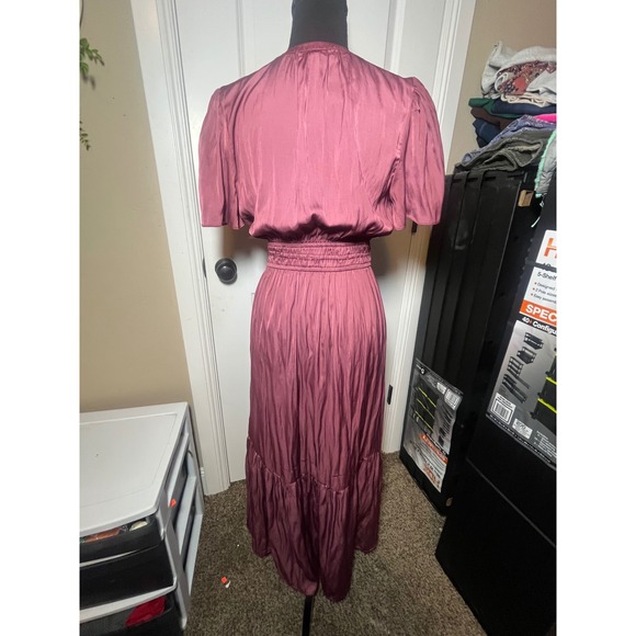 Down East Burgundy Satin V Neck Smocked‎ Waist Maxi Dress XS - Picture 2 of 5